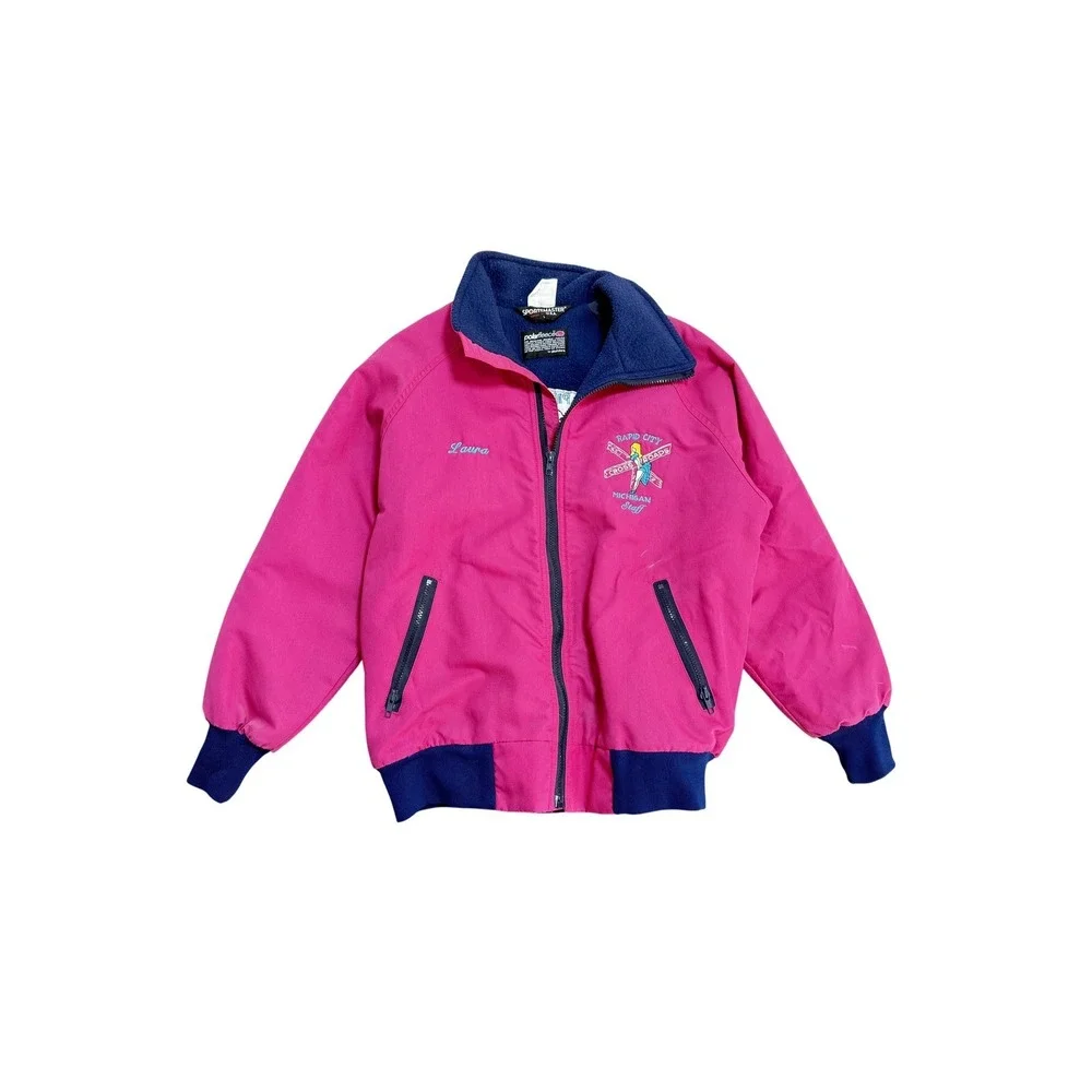 Vintage Sportsmaster Jacket Womens Large Pink Fleece Bomber Made USA Embroidered
